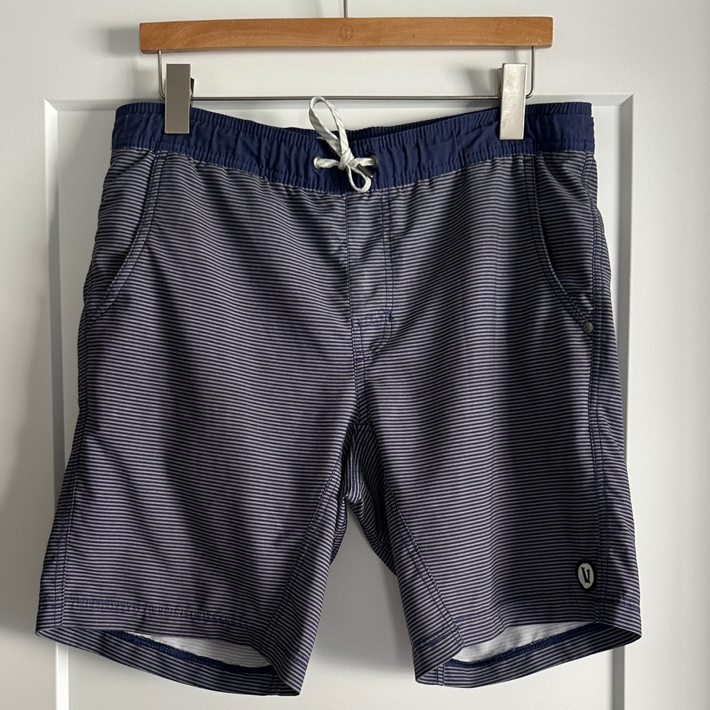 Vuori Navy and White Striped Athletic Shorts